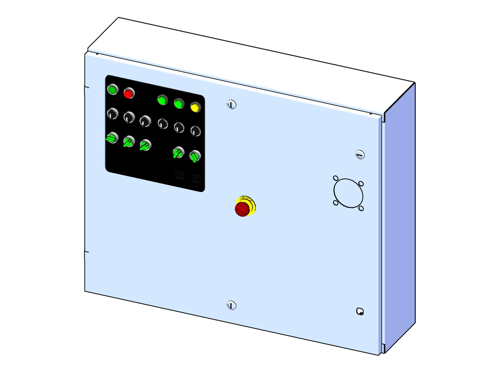 The new control panel enclosure: one door with a switch for each motor, start, stop and emergency stop
