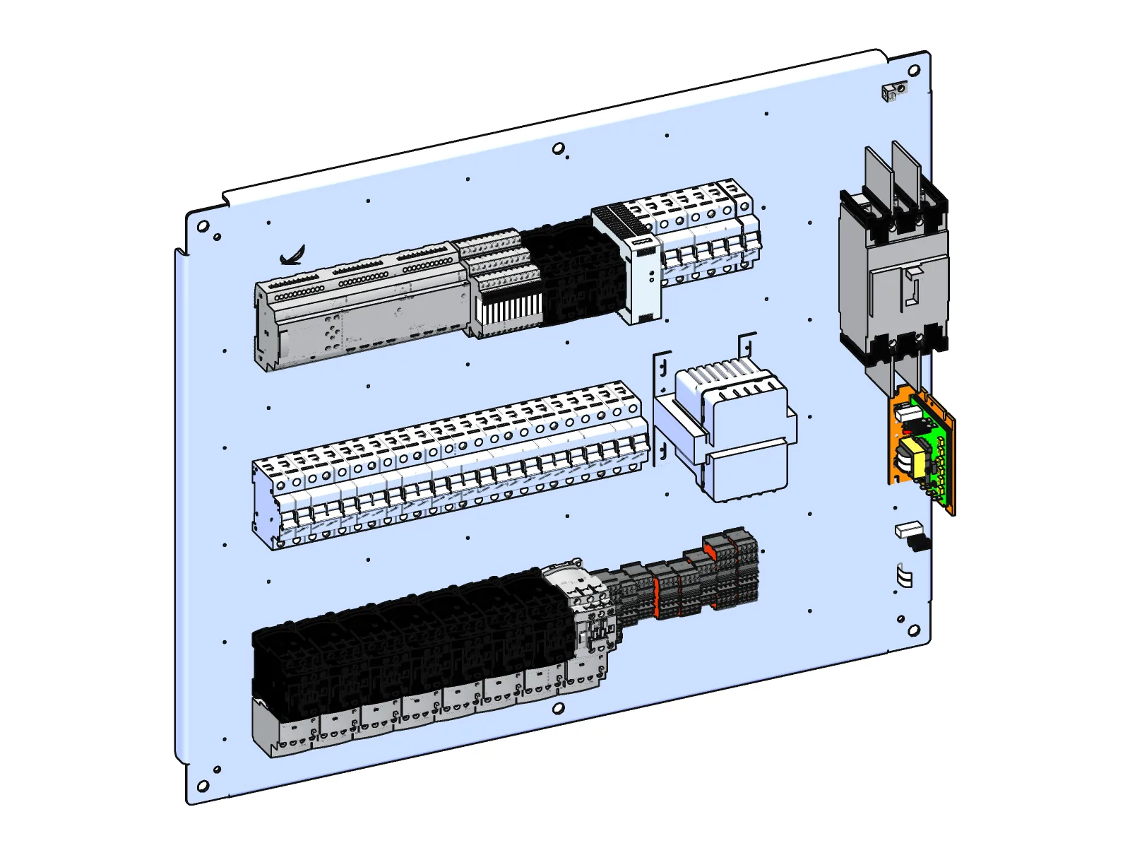 The new soil line control panel: controller, breakers, motor starters and relays on one backplate